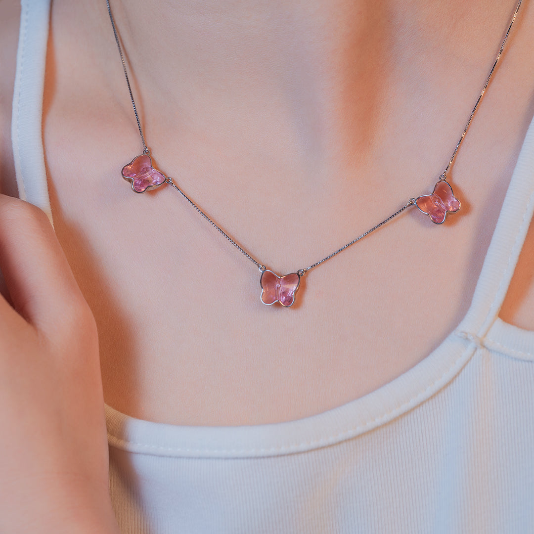 Silver Pink Crystal Necklace - fareastjewelry